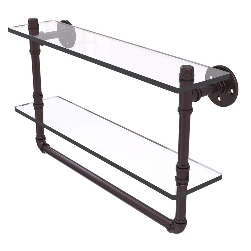 22" Double Glass Shelf with Towel Bar, Antique Bronze Finish